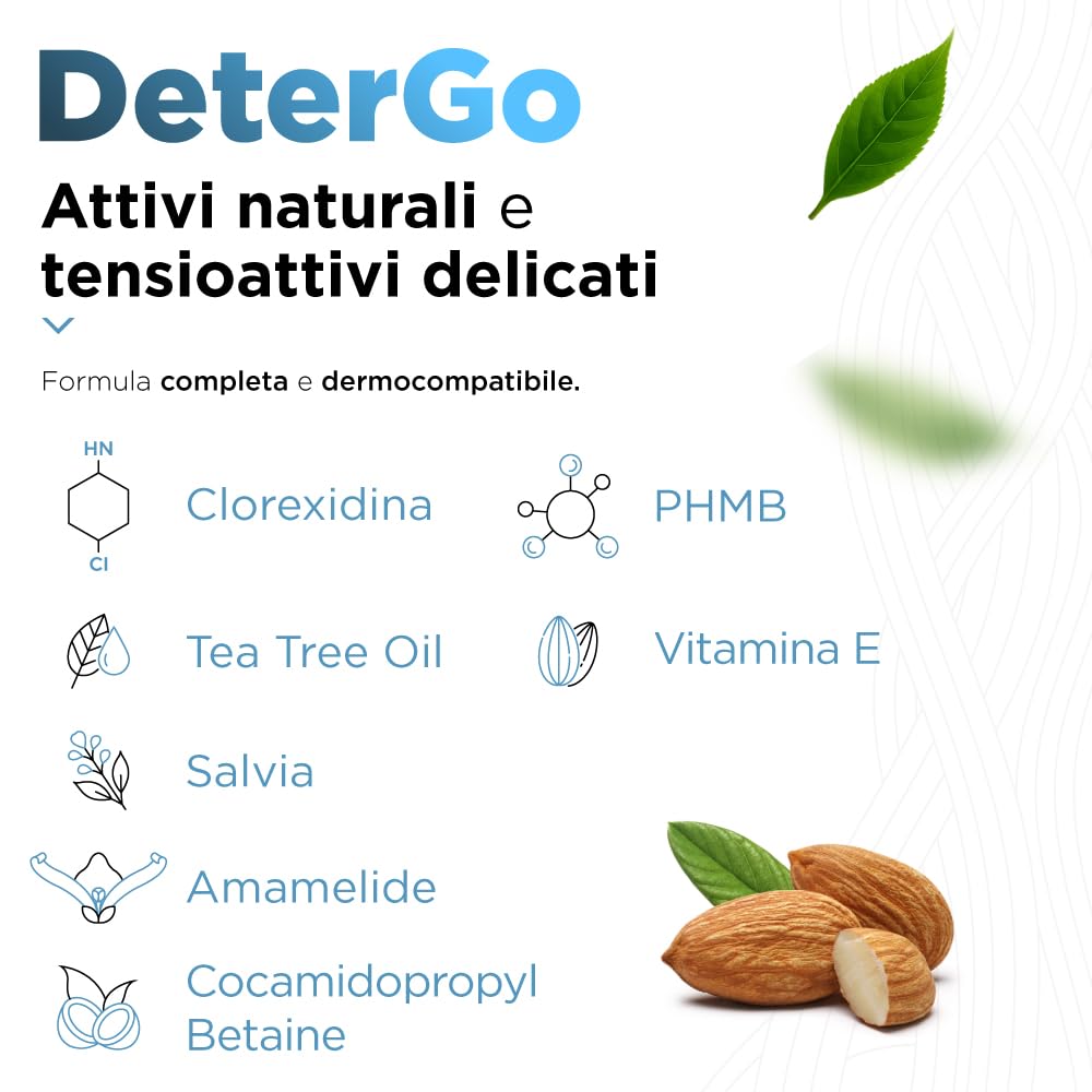 SoloUno DeterGo - Spray detergente igienizzante con Clorexidina, vitamina E, antibatterico, senza risciacquo, per cute e mucose, senza parabeni, flacone da 200 ml