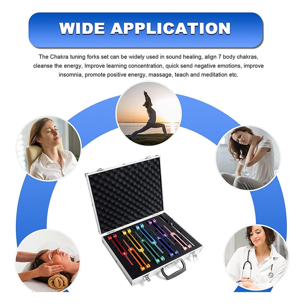 NEWFUN Stimmgabel,Stimmgabel Neurologie,8er Set mit Sockel + 1 Silikonhämmer und Reinigungstücher für Klangtherapie Gewichtete Stimmgabel Geeignet für Meditation, Anti-Kompression