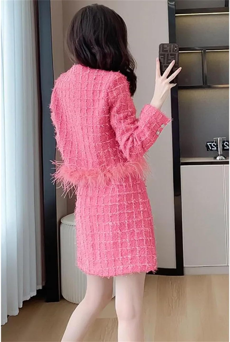 Women Winter Bright Silk Tweed Set Feathers Fringe Jacket Tops and High Waist A-Line Skirts Korean Office Skirt Suits