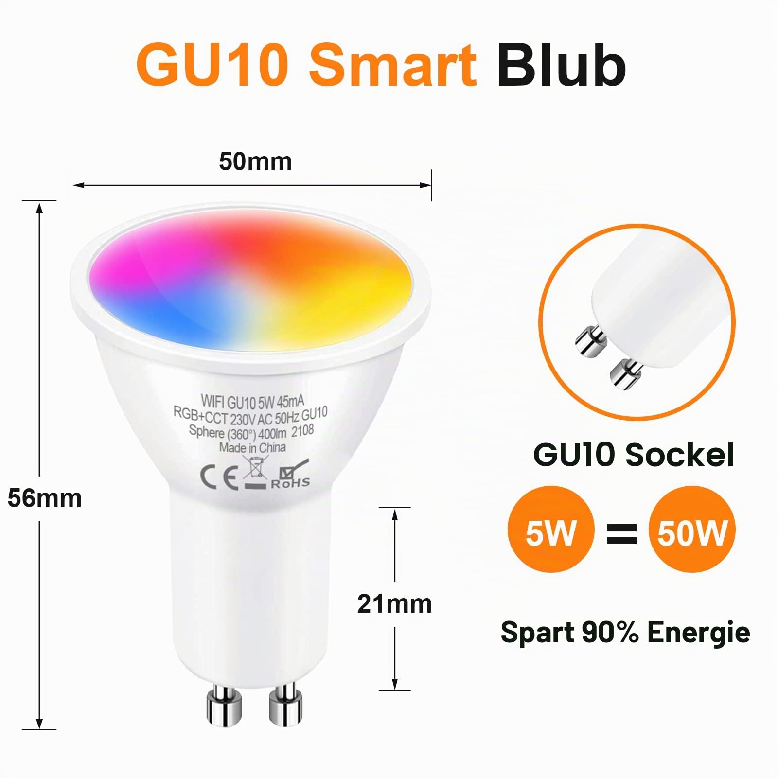 ANTELA Smart Alexa Glühbirne GU10 5W LED WLAN RGBCW Birne Lampe | 2700K-6500K Farbtemperatur, APP-Steuerung, Google Home kompatibel, 4 Stück