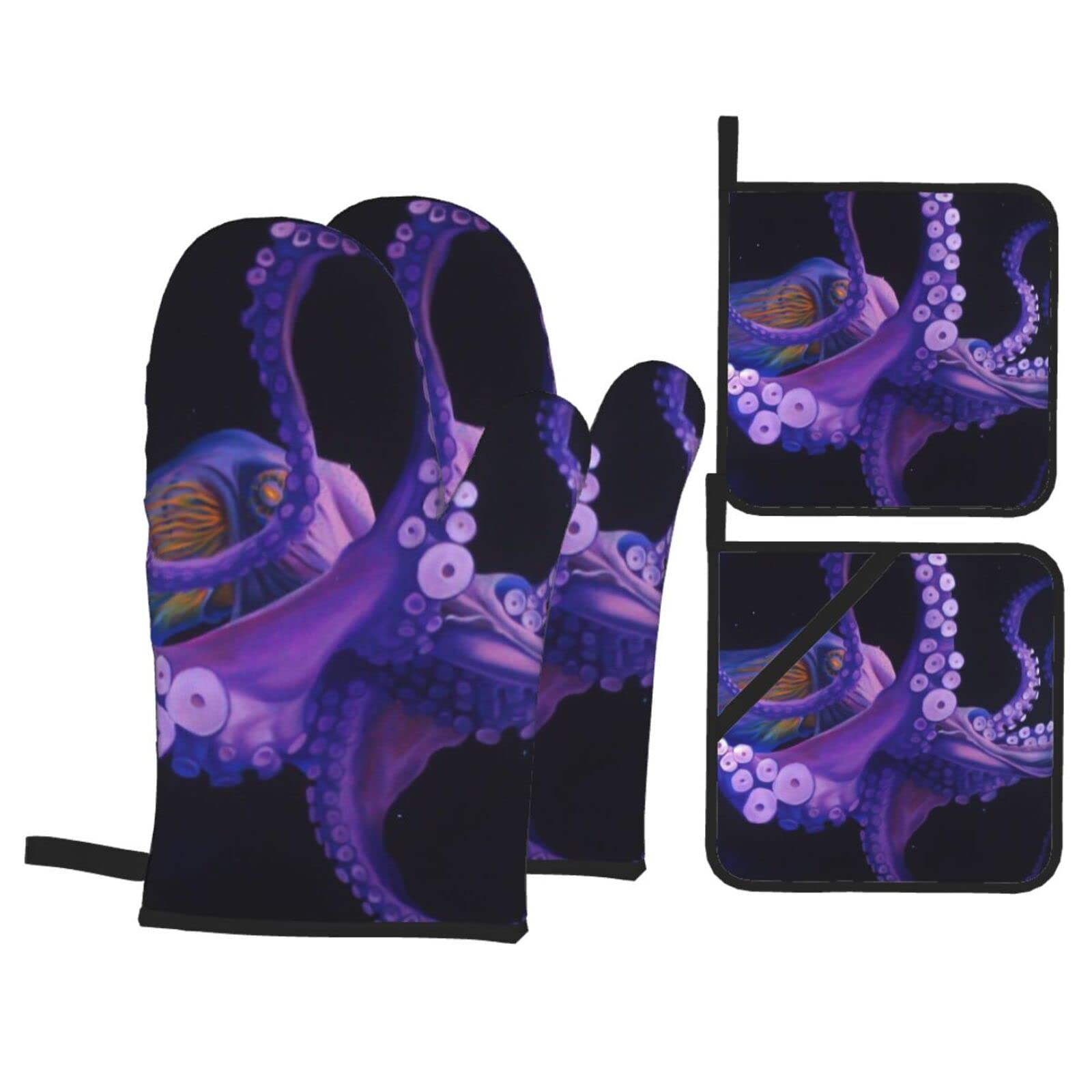 Purple Octopus Print Kitchen Baking Four Piece Set of Heat Resistant Thick Cotton Oven Mitts for Cooking, Baking and Grilling