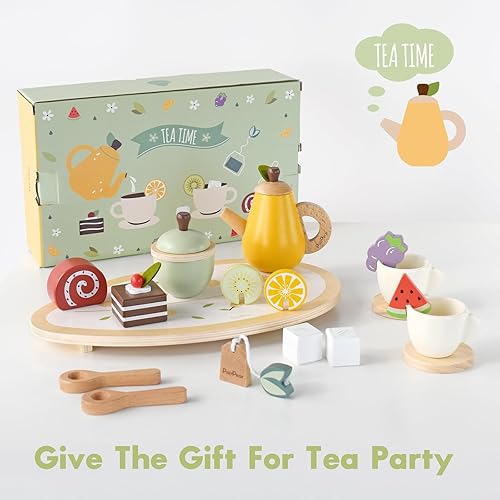 Miniatura 6 de PairPear Juego de juguetes de madera para fiestas de té, juego de té para niñas pequeñas, accesorios de cocina para niños, juguetes de comida de