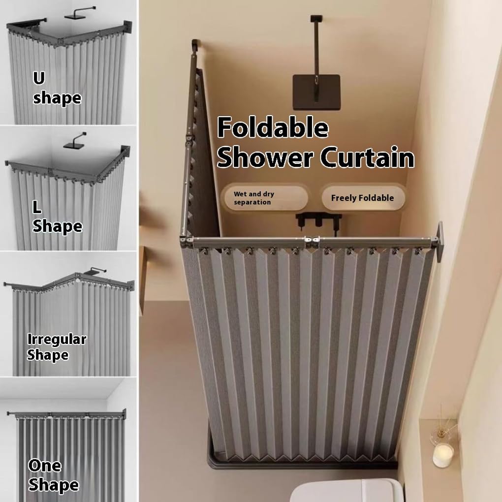 Rideau de Douche imperméable Multi-Pliage Option Douche Pliable pouvant être percée et collée Facilement Séparation sèche et Humide Salle de Bain, Blanc, Barre à Cinq Volets