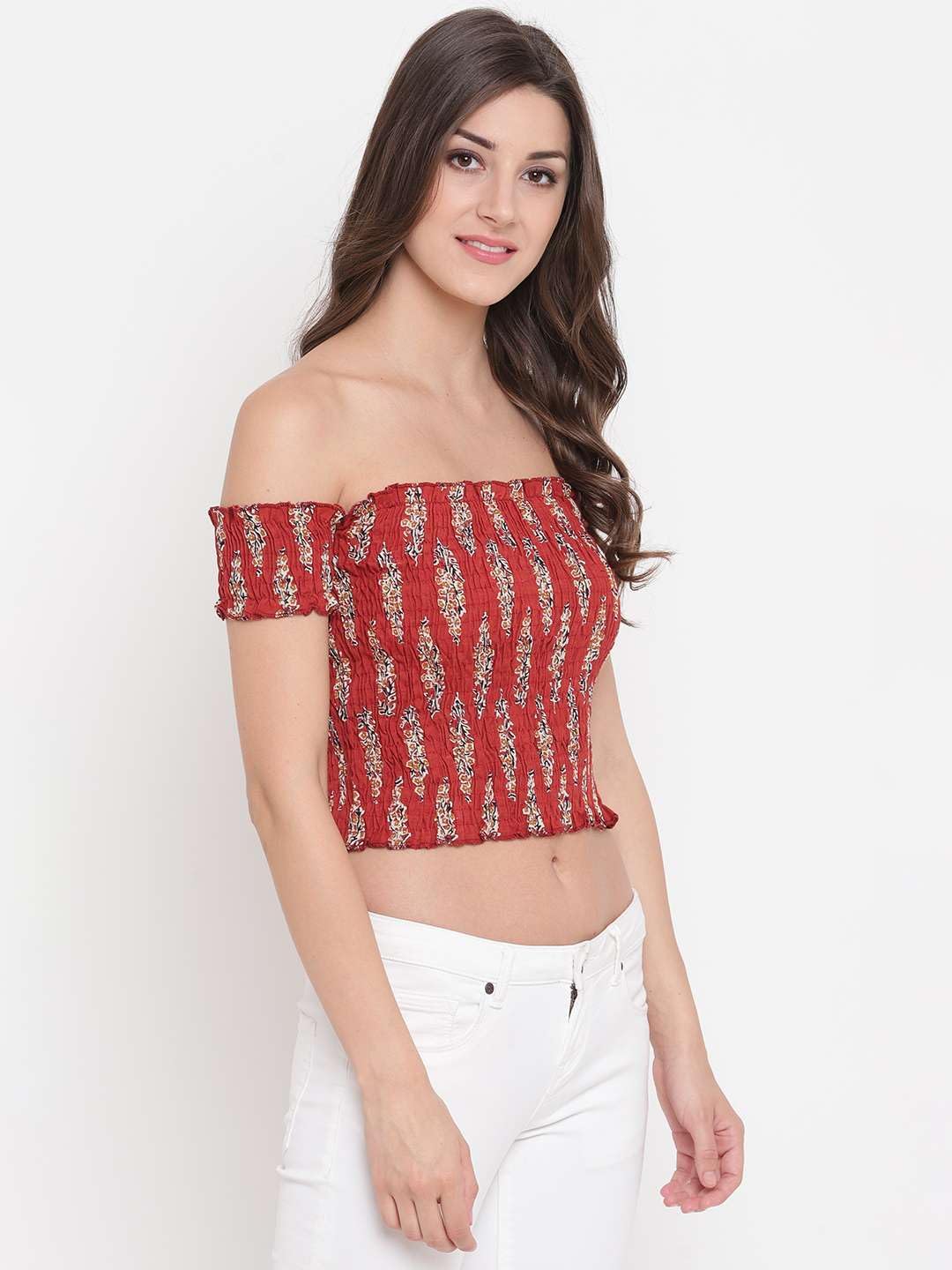 Zenvy Crafts Women's Rayon Printed Off-Shoulder Smocked Crop Top Short Sleeve Casual Styles Tank Top (Free Size) Multi43