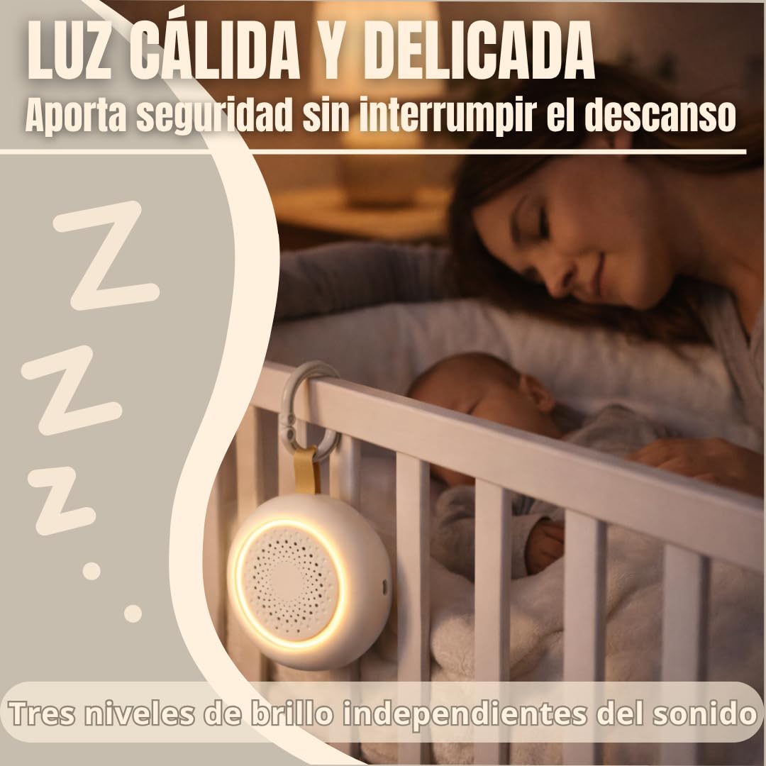 Ruido Blanco Bebé, Máquina Portátil con Música Relajante para Dormir, Luz Nocturna Regulable, Sonidos Calmantes, Temporizador, Recargable USB, Ideal para Cuna, Carrito y Viajes