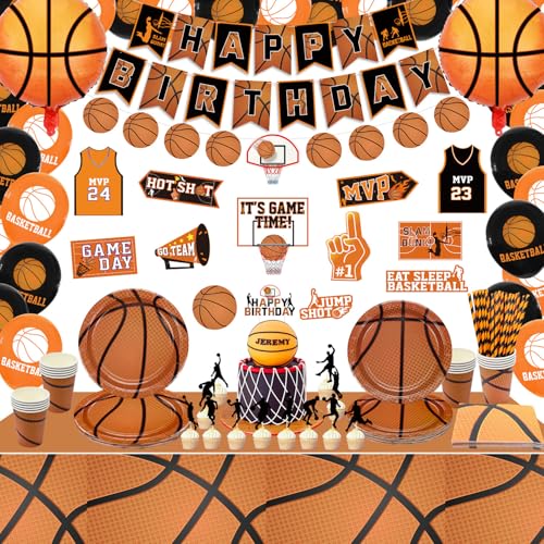 PIXHOTUL Décorations de fête de basket-ball, fournitures de fête d'anniversaire de basket-ball-assiettes en papier, bannière de joyeux anniversaire,...