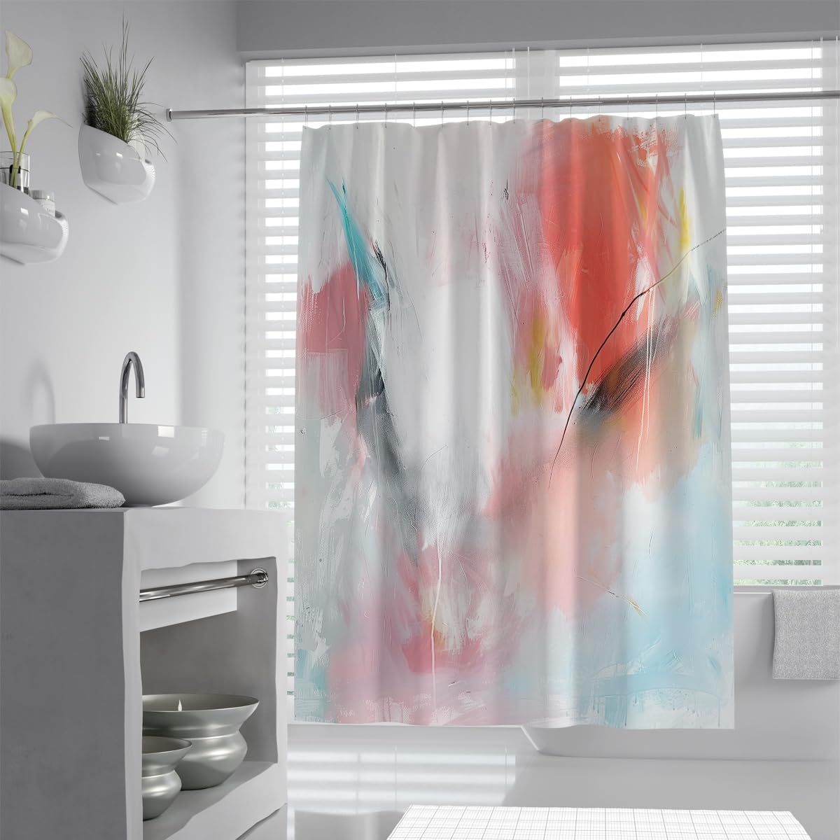 UIRINGART Minimalist Bathroom Curtains W120xL200cm Pink Coral Blue Abstract Ink Brushstrokes Pattern Mildew Mould Resistant Waterproof Fabric Bathroom Decor Set