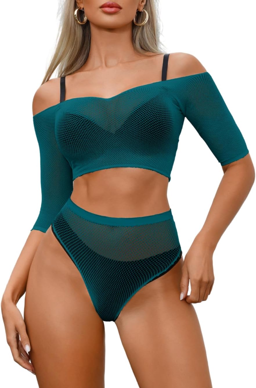Fishnet Lingerie Set for Women, Sexy Rave Club Dancer Stripper Outfits, Off The Shoulder High Waisted Fits 0-20