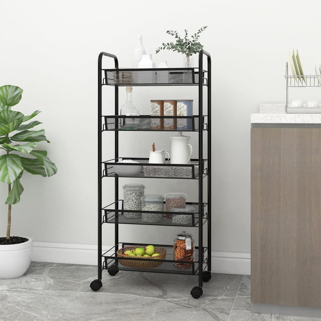 vidaXL Carrito de Cocina Carro de Servicio Doméstico Niños Garaje Estantes Almacenamiento Alimentos Bebidas 5 Niveles Hierro Negro 46x26x105 cm