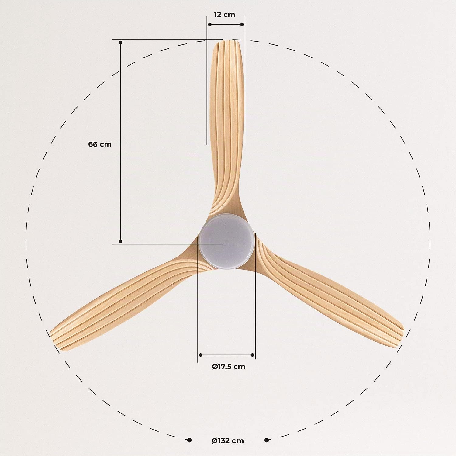 CREATE / WINDCUP/Ventilateur de plafond avec lumière et télécommande, blanc lames bois naturel / 40W, Silencieux, Ø132 cm, 6 vitesses, minuterie, été-hiver, double hauteur, moteur DC
