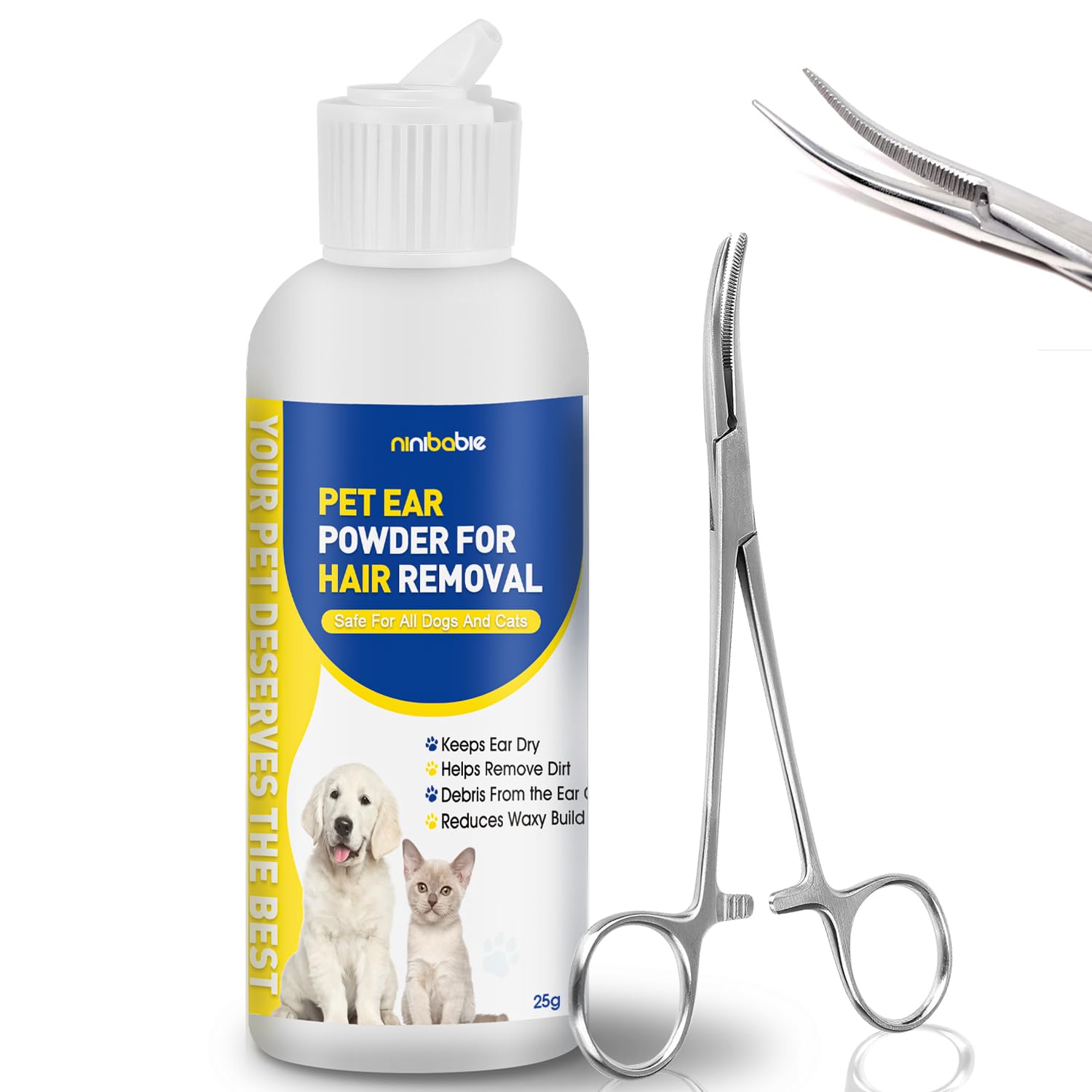 Dog Ear Powder for Hair Removal Ear Care - Includes 5 5 Curved Locking Forceps - Absorbs Moisture