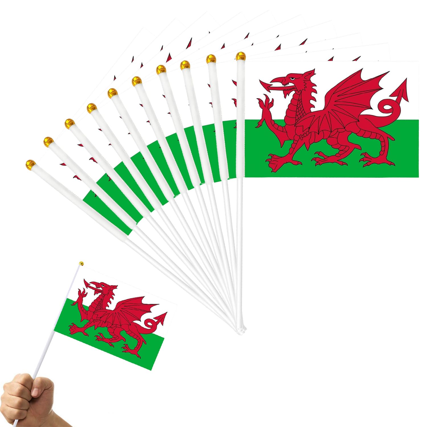 50PCS Welsh Hand Flags - Wales Dragon Handheld Flags with Pole Small Hand Waving Bunting for St David's Day World Cup Football Euro Football Sport Event Street Home Party Decorations