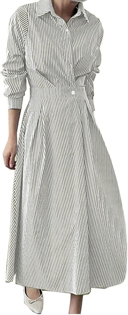 Ladyful Striped Shirt Dress for Womens Casual Long Sleeve Elegant Maxi Dress Khaki