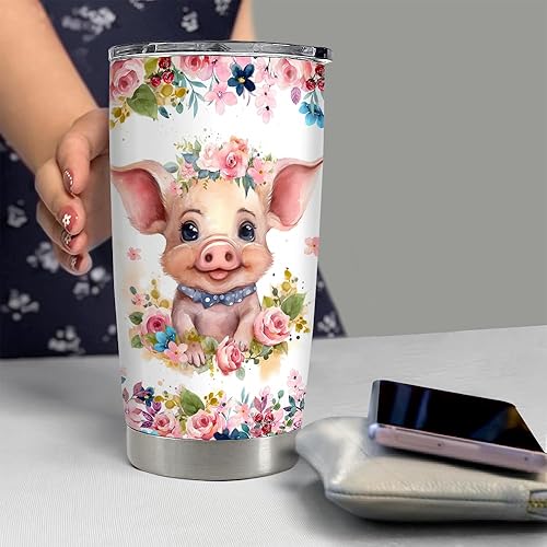 Miniatura 6 de SANDJEST Vaso de cerdo de acero inoxidable de 20 onzas con aislamiento térmico para café, taza de viaje, regalo para niñas, adolescentes, regalos