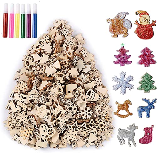 Aweyka Lot de 450 décorations de Noël en bois brut de différentes formes faites à la main avec 6 pigments de couleurs pour décoration de Noël, loisirs créatifs et fabrication de cartes Cover