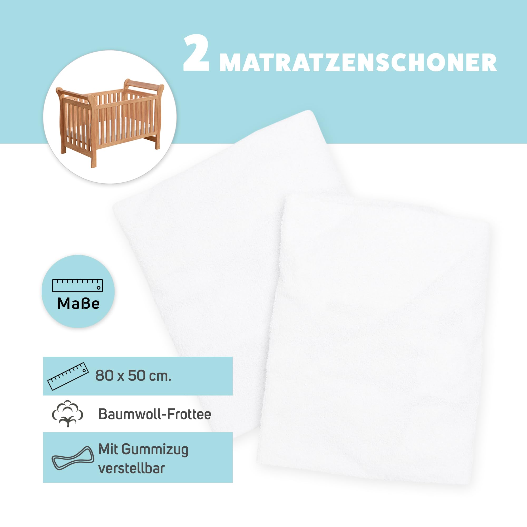 Matratzenschoner aus Baumwolle für Babykrippe | 50 x 80 cm | Wasserdicht | Atmungsaktiv | mit Gummi verstellbar | Anti bakteriell | 2 Stück