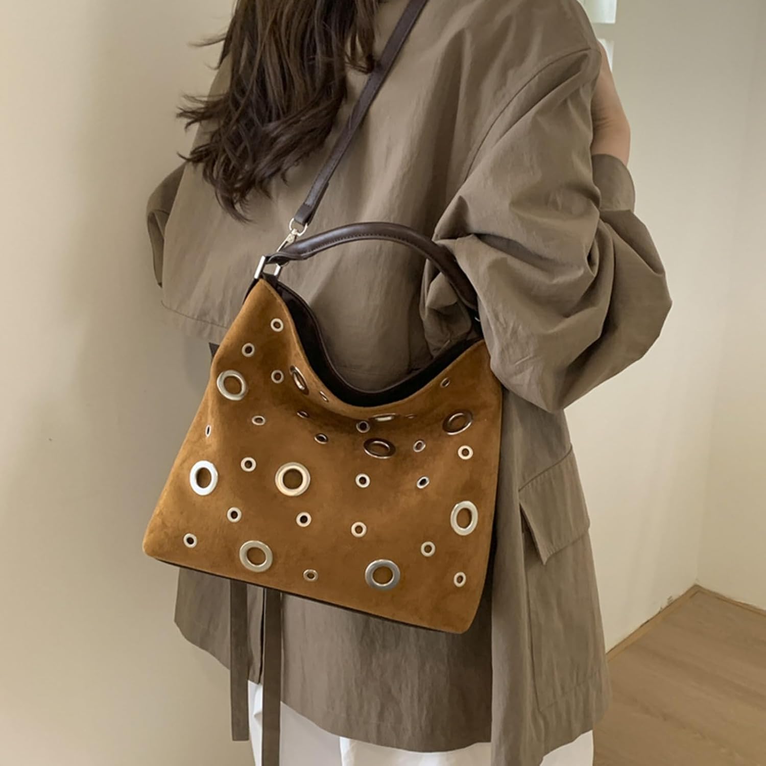 Suede Hobo Bag for Women Studded Grommet Crossbody Tote Vintage Slouchy Shoulder Handbag Stylish Fall Purse - Image 6