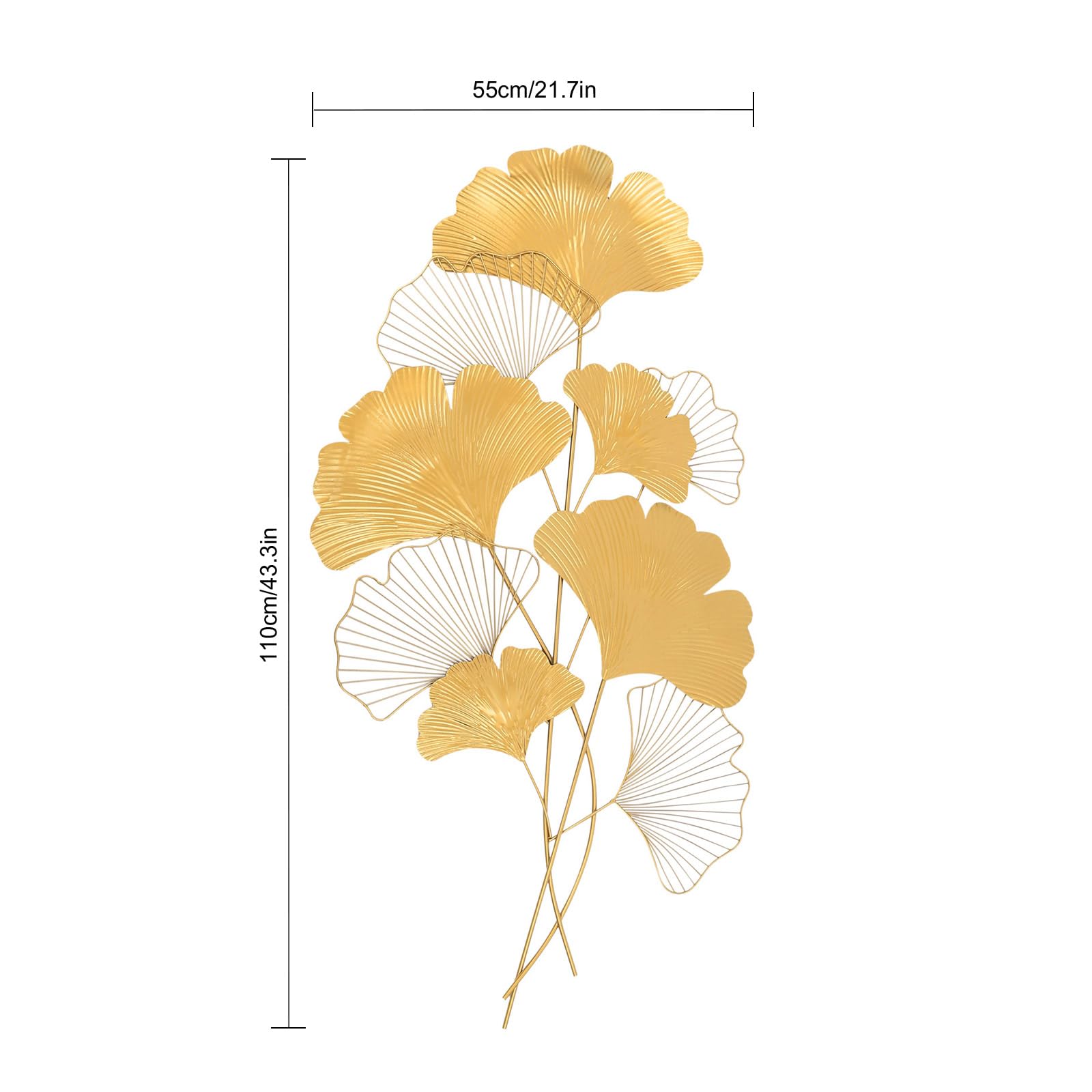 JDBDU Décoration murale en métal - Motif : feuilles de gingko - 3D - Doré - 109 x 55 cm - Sculptures murales - Pour salon, chambre, salle de bain, cuisine