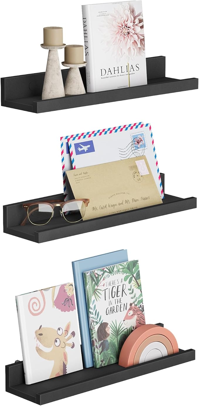 SONGMICS Floating Shelves, Set of 3 Wall Shelves, 15-Inch Wide, for Photo Frames and Trinkets, for Living Room, Home Office, Kitchen, Bathroom, Black ULWS38BK