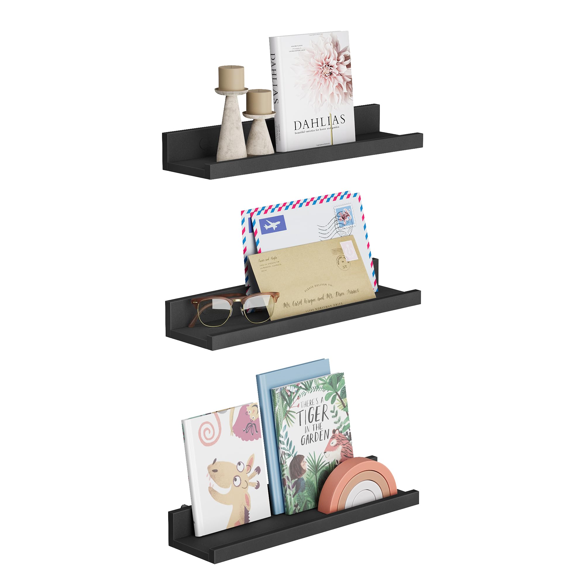 SONGMICS Floating Shelves, Set of 3 Wall Shelves, 15-Inch Wide, for Photo Frames and Trinkets, for Living Room, Home Office, Kitchen, Bathroom, Black ULWS38BK 15"W Black