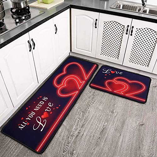 Faptoena Kitchen Rugs And Mats Sets Of 2 ,Valentine's Day Kitchen Rugs Red Love Heart Decoration Non-Slip Rugs,Rubber Backing Waterproof Floor Mat,17X30+17X48Inch #TOP3