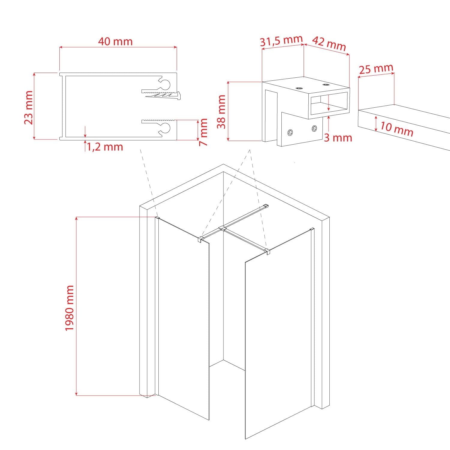 Box doccia Parete 90x140 CM in vetro trasparente 8mm mod. Walk in Corner H198