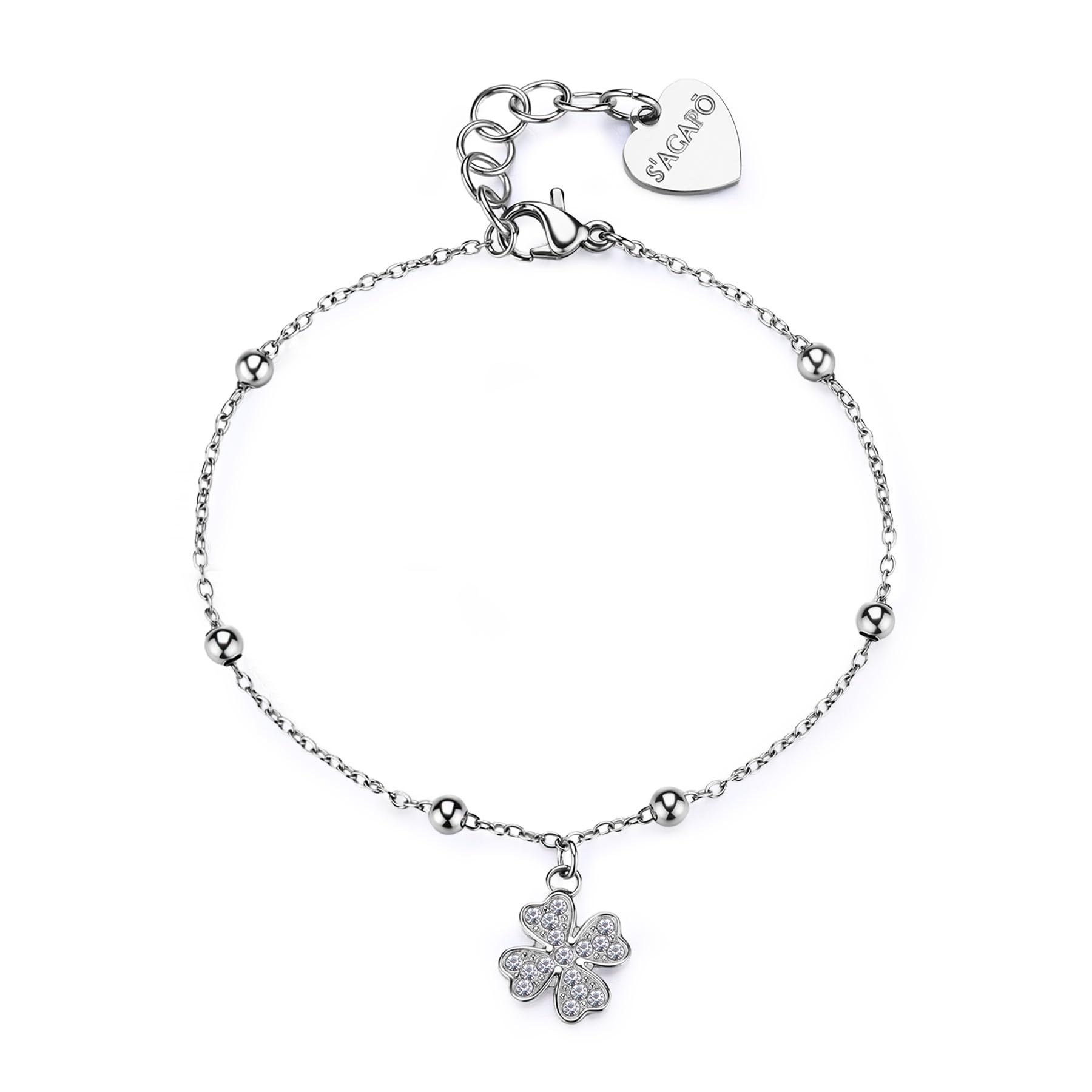 S'Agapõ Bracciale Donna in Acciaio e Cristalli con Simbolo Quadrifoglio | Collezione Witch - SWH14