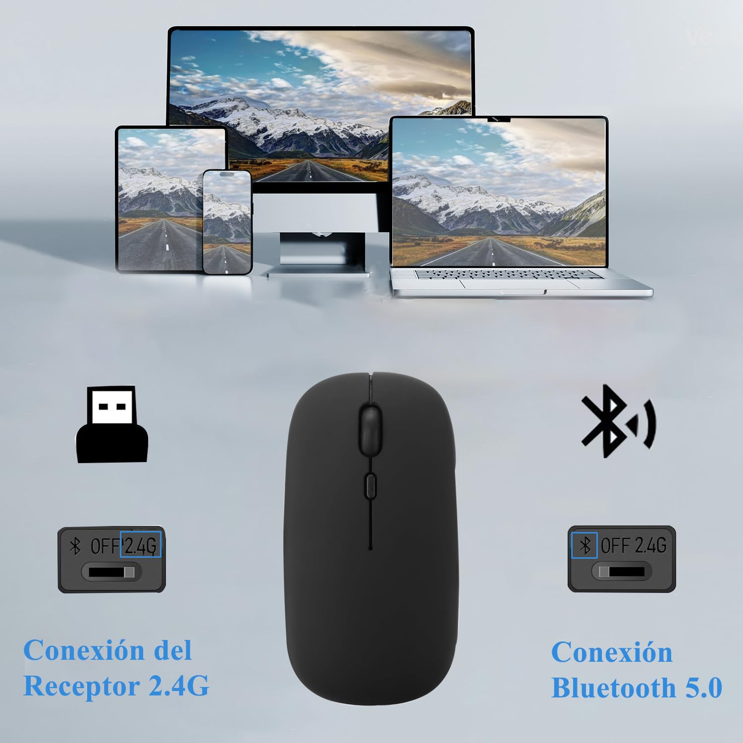 Teclado y Ratón Inalámbrico Bluetooth, 10” Español Ñ Teclado y Ratón Recargables Silenciosos y Portátiles para iPad Pro/iPad Air/Samsung/Huawei/Honor/Xiaomi/Tablet/iOS/Android/Windows