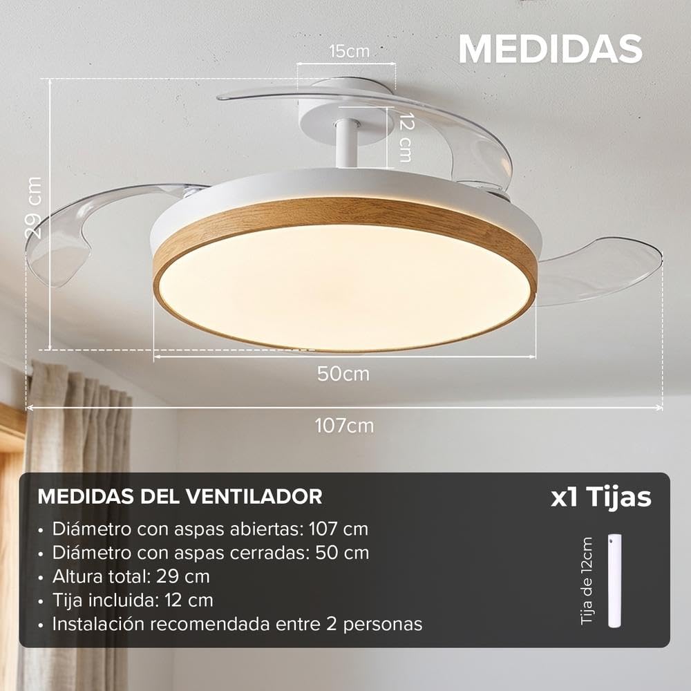 CONCEPT NATURE Ventilador de Techo con luz, Madera | Luz LED regulable, 3 tonos de luz, Motor DC, 6 velocidades, Mando a distancia, Temporizador 2H, Modo verano/invierno