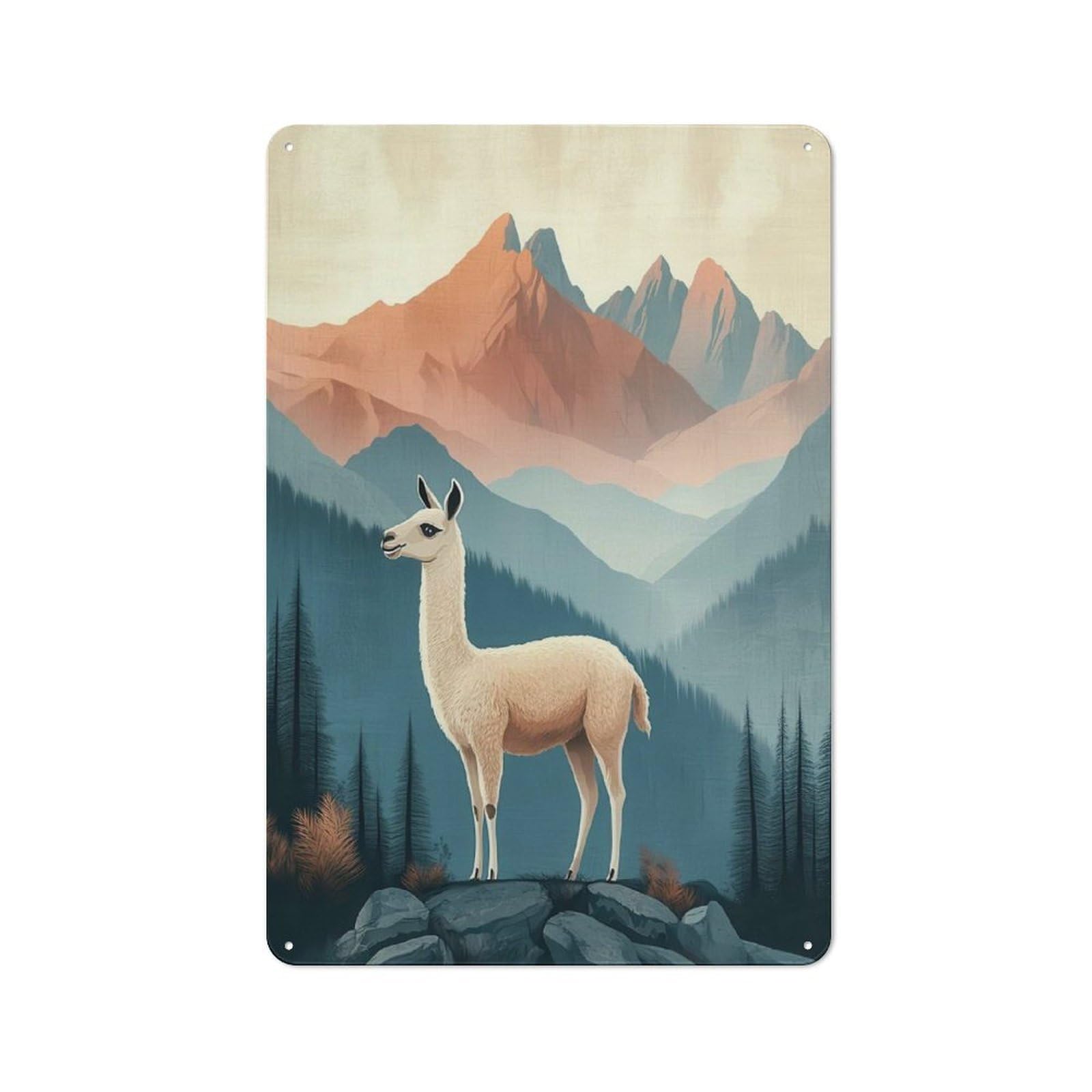 Junmoney Llama In Mountain Landscape Painting Smart Office Metal Sign 30X20cm, Study Room Decor For Home Office, Reading Corner Or Bedroom