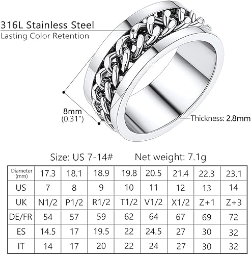Miniatura 4 de PROSTEEL Anillo giratorio para hombre, anillos para ansiedad, cadena de eslabones cubanos giratoria de 0.315 in, anillo grueso, tamaño 6-14, grabado