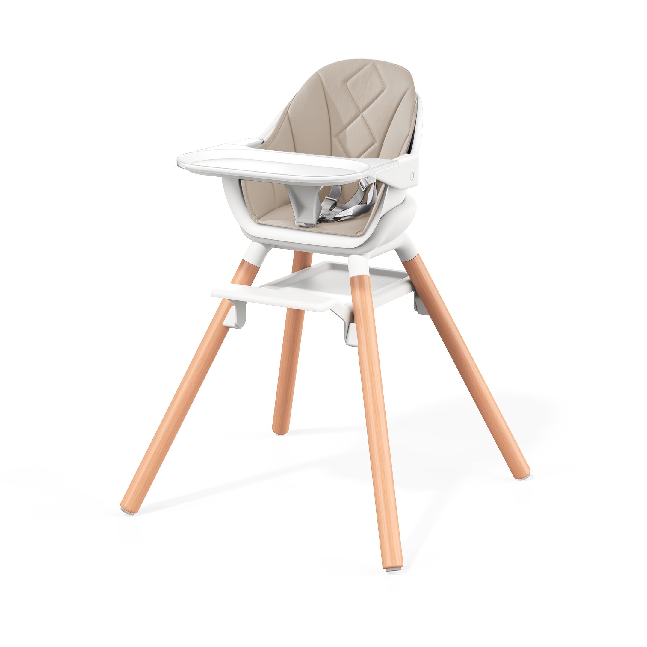 Trona para bebé DDIOYIUR, trona para bebé, trona fácil de limpiar, 6 en 1, con bandeja doble extraíble y cojín de PU impermeable, patas de madera color champán