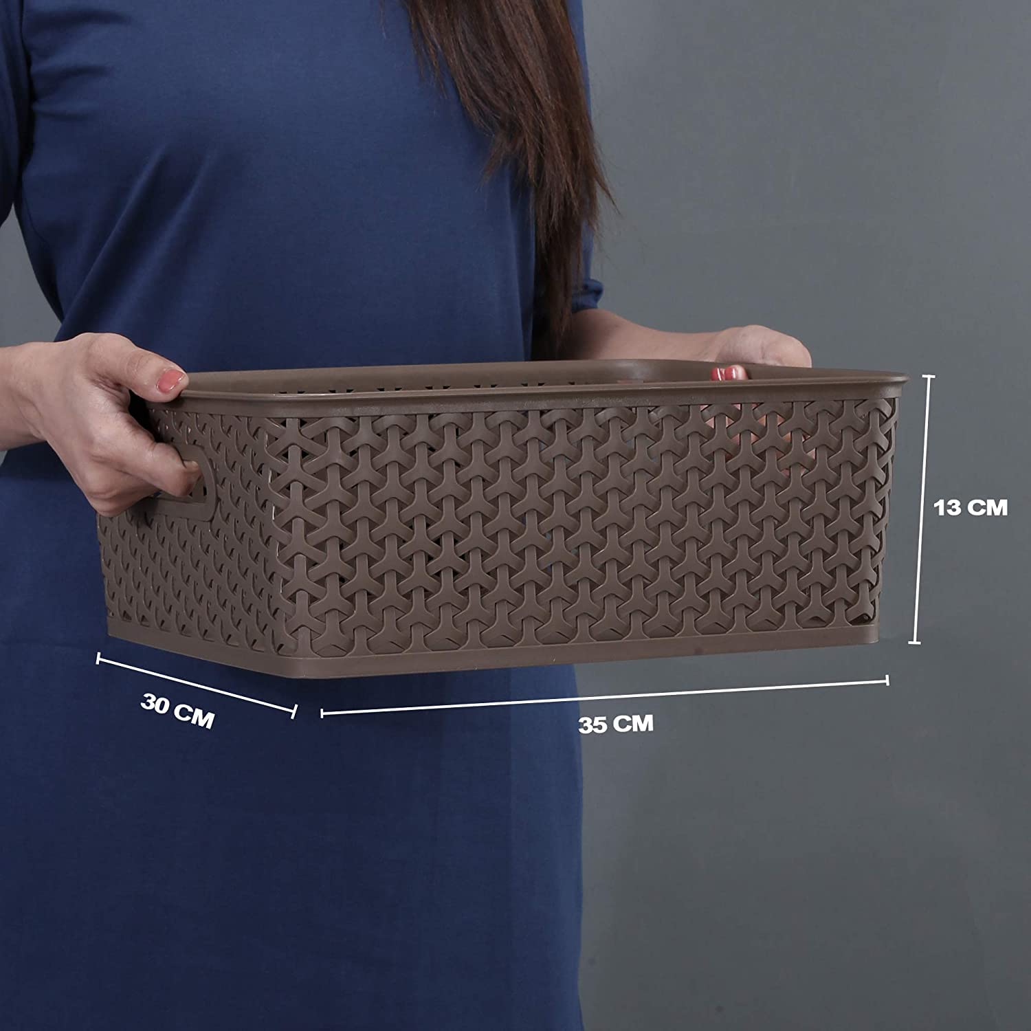 Bel Casa Royal Basket Medium (Pack of 2 With lids) Multipurpose Plastic Storage Rectangular Baskets For Cloths Toys Wardrobe Home Kitchen & Livingroom I DARK BROWN