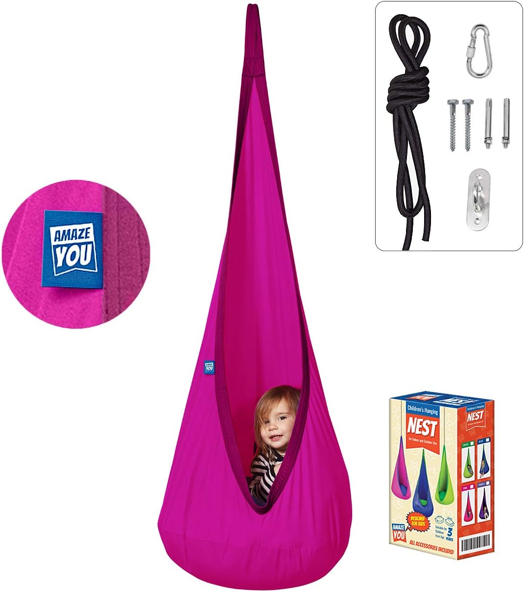 AMAZEYOU Kids Swing Hammock Pod Chair - Child's Rope Hanging Sensory Seat Nest Indoor Outdoor Use Inflatable Pillow - Great Children, All Accessories Included (Pink R)