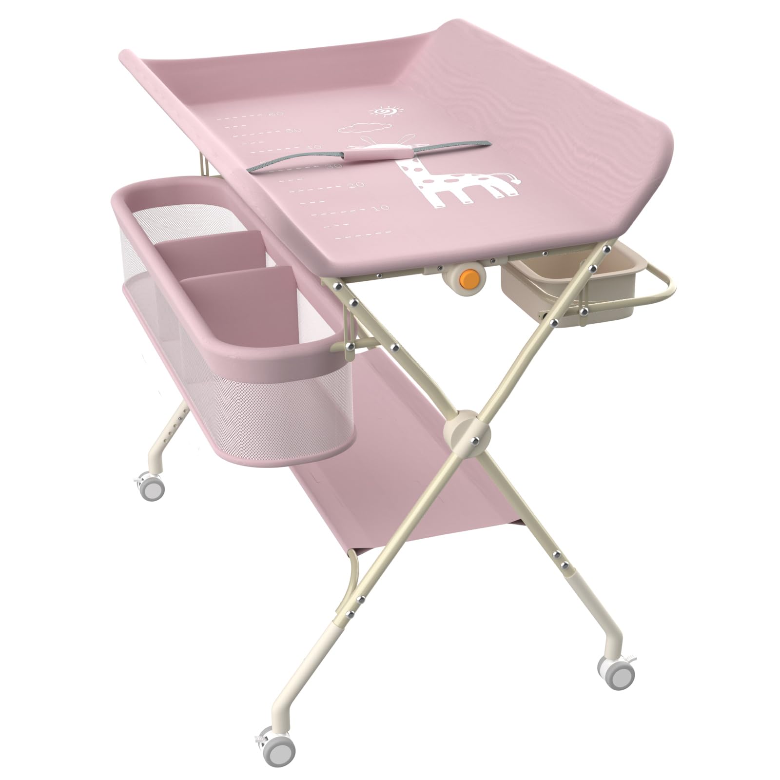 Klappbare Wickelkommode, Baby Wickelkombi, mobiler Wickeltisch mit Wickelauflage und Ablagefächern, platzsparend und stabil,75 x 68 x 83–91 cm (A) (Rosa)
