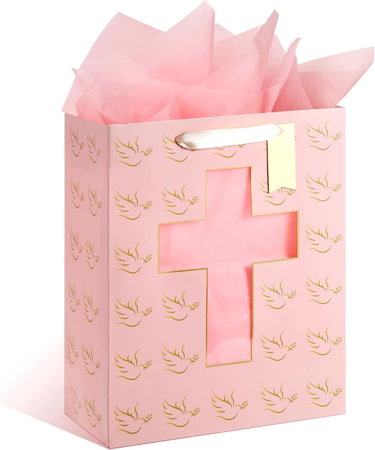 Sawnfay Pink Gift Bag - 10" x 5" x 13", Baptism Gifts For Girl, First communion, Confirmation gifts for teen girls, Christening, Religious Events, with Cross cut window Design and Tissue Paper