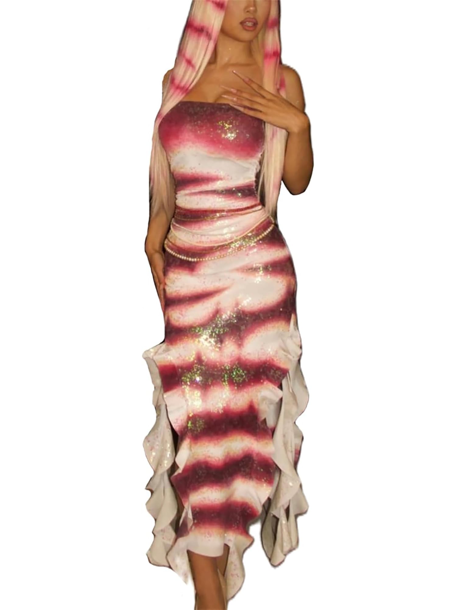 Fiacafyo Women Halloween Shark Tale Lola Costume Dress Strapless Tube Top Side Split Sexy Ruffle Hem Fish Cosplay Maxi Dress (A-Multicolor, L)