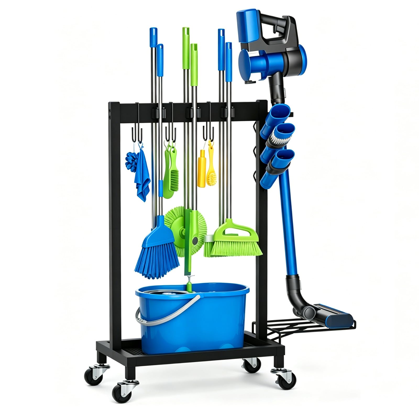 Reinigungswagen Besenhalterung, Besenhalter mit 3 Haken und 6 Mopphalter Mobiler Reinigungswagen für Reinigungszubehör und Putzmittel Gerätehalter für Waschküche