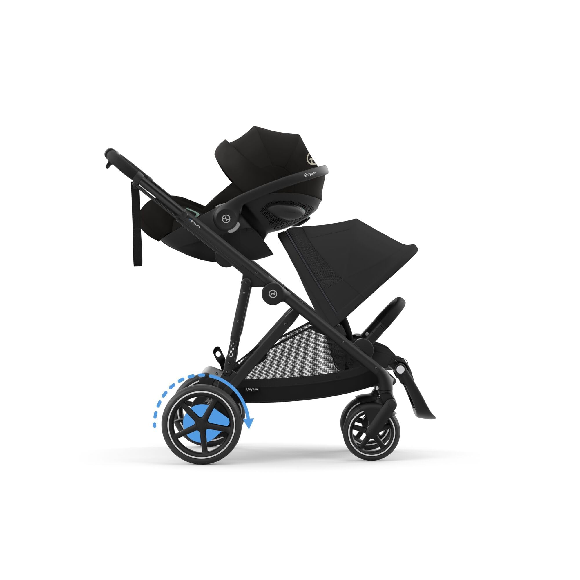 CYBEX Poussette Gold e-GAZELLE S, de la naissance à environ 4 ans, max. 22 kg (mode simple) / 2x 22 kg (mode duo), système tout-en-1 avec propulsion électrique et 20+ configurations, Noir lune