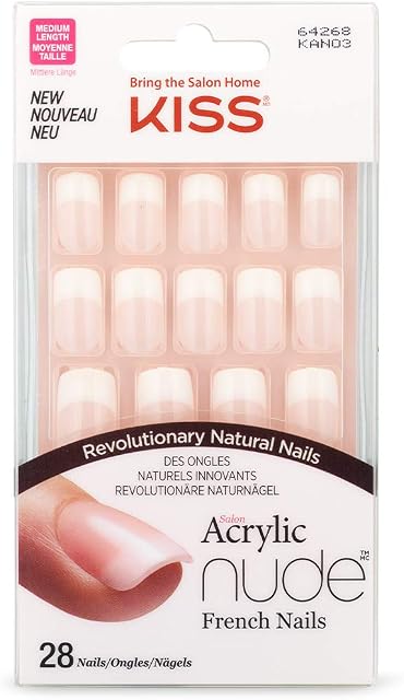 KISS Salon Acrylic French Nude Collection, Cashmere, Medium Length Nude Fake Nails, Includes False Nails, Nail Glue, Nail File, and Manicure Stick, 28 Count (Pack of 1)