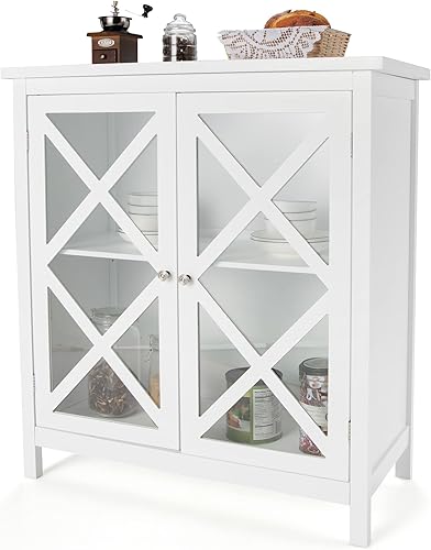 LOKO Armario buffet con puertas de vidrio templado y estantes ajustables, aparador para cocina, sala de estar, 35.5 x 15.5 x 38 pulgadas (blanco)