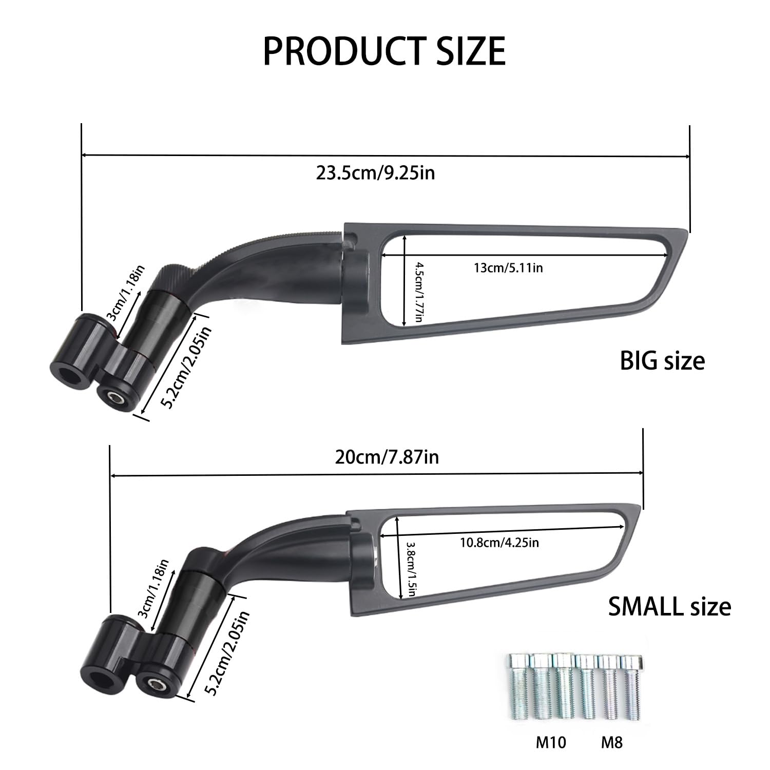 Rétroviseurs latéraux pour moto - Rotation à 360° - En alliage d'aluminium - Vis M8 M10 - Installation facile - Compatible avec MT 07 MT 09/09SP MT 10/10SP MT15 (grande taille B)