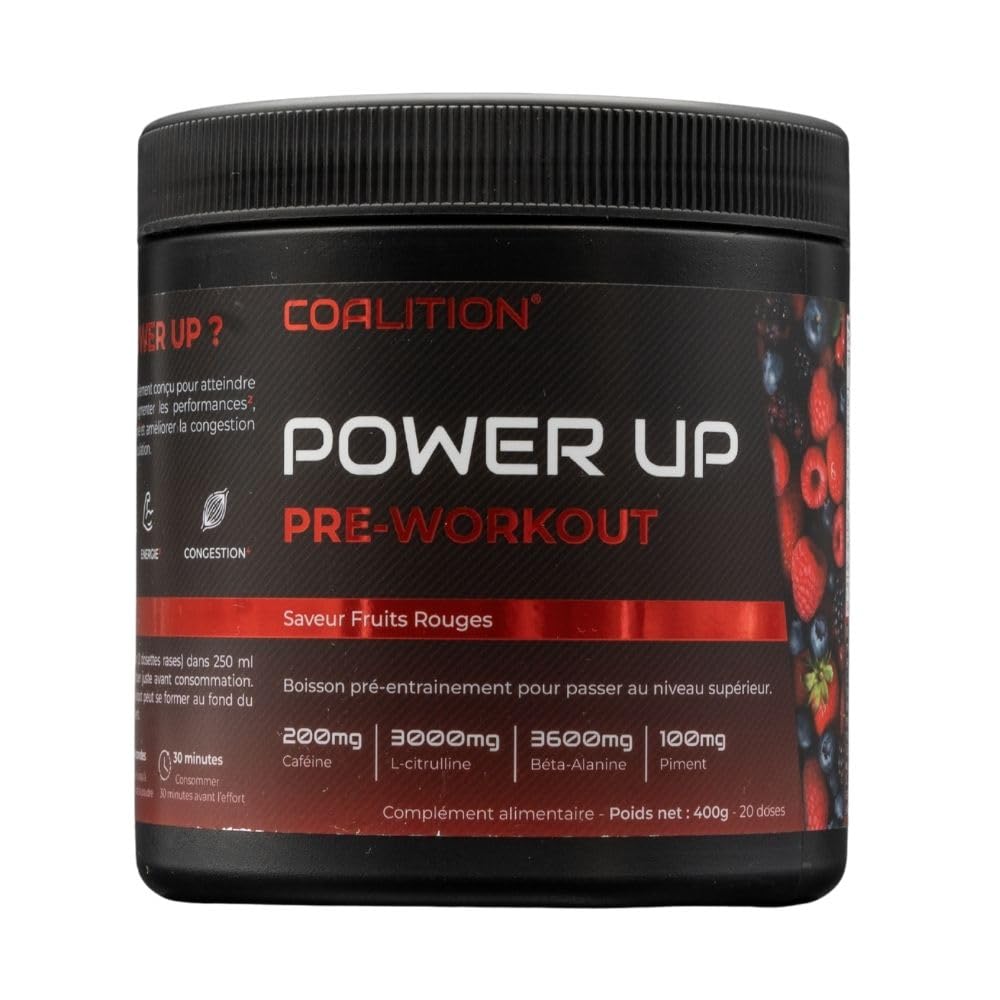 Pre Workout Power Up@ | Booster pump puissant avant entrainement musculation homme pour améliorer force et concentration | Complément alimentaire Preworkout boisson énergisante poudre | Fruits rouges