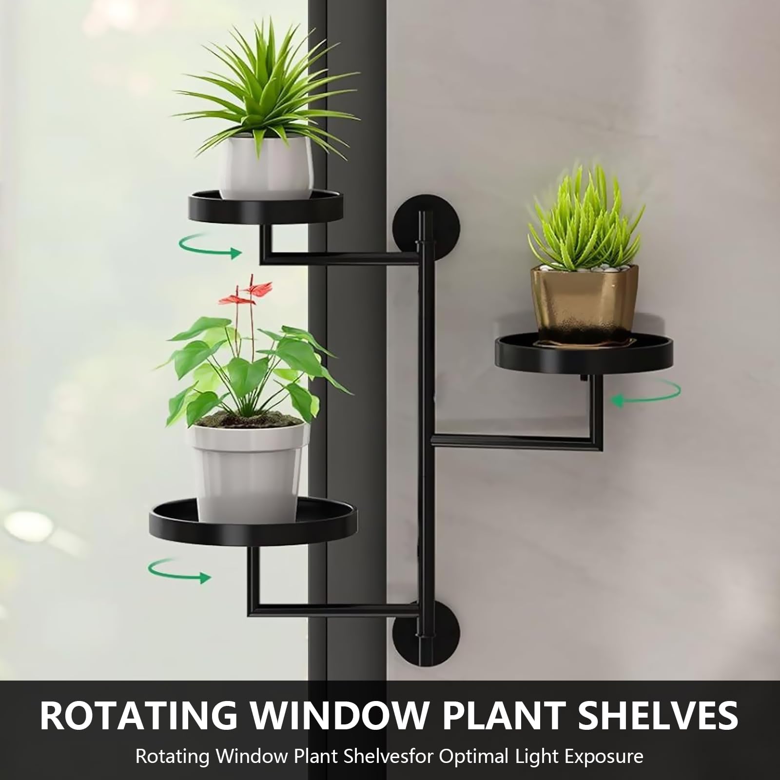 Estanteria para Plantas Interior, Soporte para Plantas de Metal de 3 Niveles, Estante para Plantas de Pared Giratorio de 180°, Estante Flotante para Plantas Montado en la Pared para Espacios Pequeños