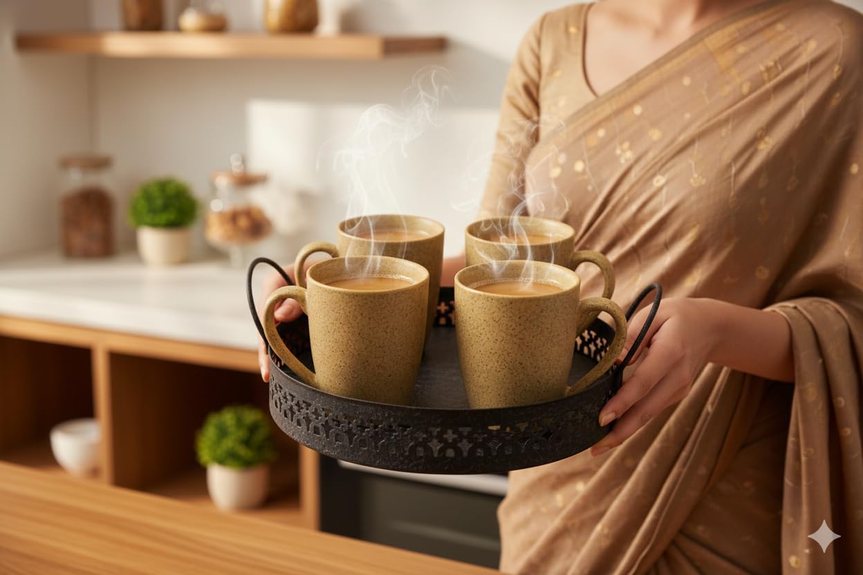 Brown Ceramic Coffee Cup Set of 4 with Matching Tray | Elegant Tea Cup Serving Set for Home, Office & Gifting | Premium Tea Set