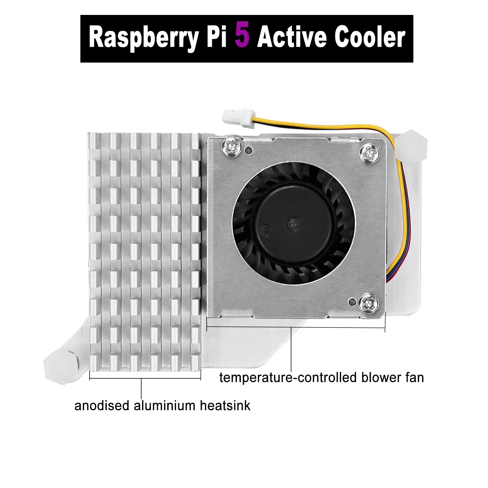 Raspberry Pi Active Cooler para Raspberry Pi 5 con ventilador de enfriamiento PWM de 1.181 in de 4 pines Pi 5 disipador de calor con cinta térmica, disipador de calor de aluminio soplador de velocidad 3