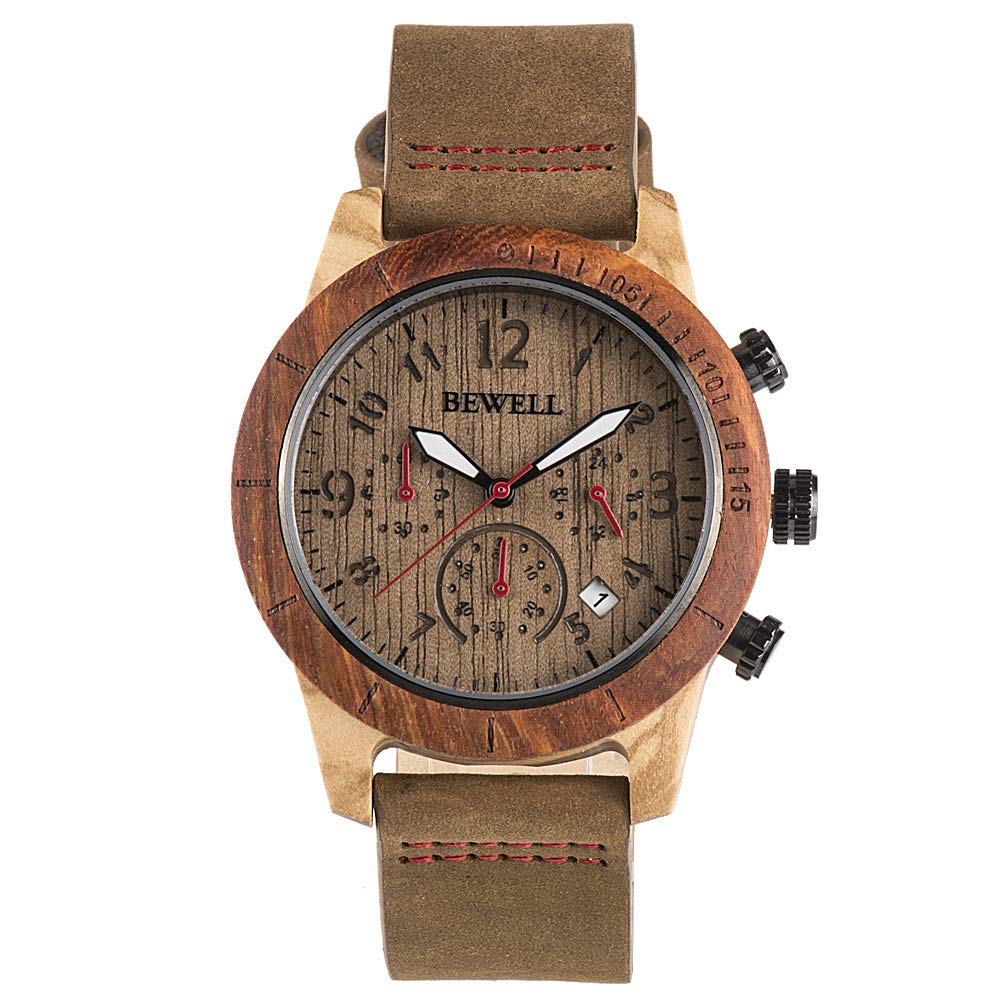 Z-B Natural Wooden Watch Luxury Wood Strap, Japanese Import Quartz Movement, Chronograph, Calendar & Date Dispaly, Genuine Leather Strap, Casual WristWatches,2