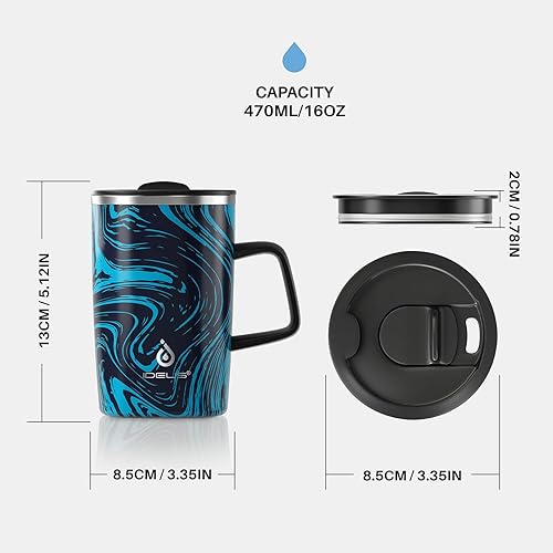 Miniatura 6 de Ideus - Taza de café aislada al vacío, de 16 oz, reutilizable, de acero inoxidable, térmica, de doble pared, con asa y tapa deslizante para bebidas