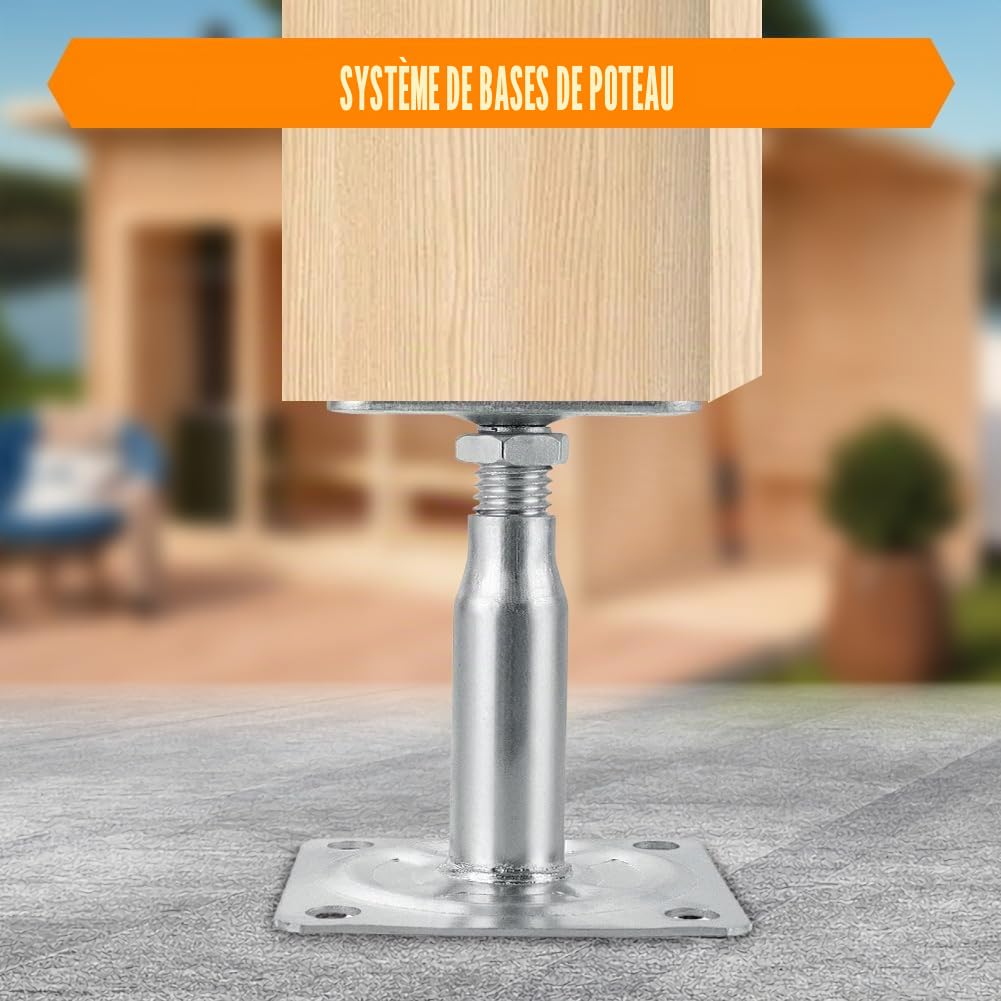 Lot de 4 supports de poteau réglables en hauteur, supports de poteau galvanisés, galvanisés, avec 16 vis, supports de poteau réglables pour bétonner, pieds de support pour abris (4p 100-150mm)