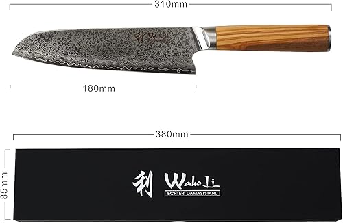 Miniatura 2 de Wakoli Hoja de cuchillo Santoku de Damasco de 7 pulgadas extremadamente afilada de 67 capas de Damasco japonés genuino con mango de madera de olivo,
